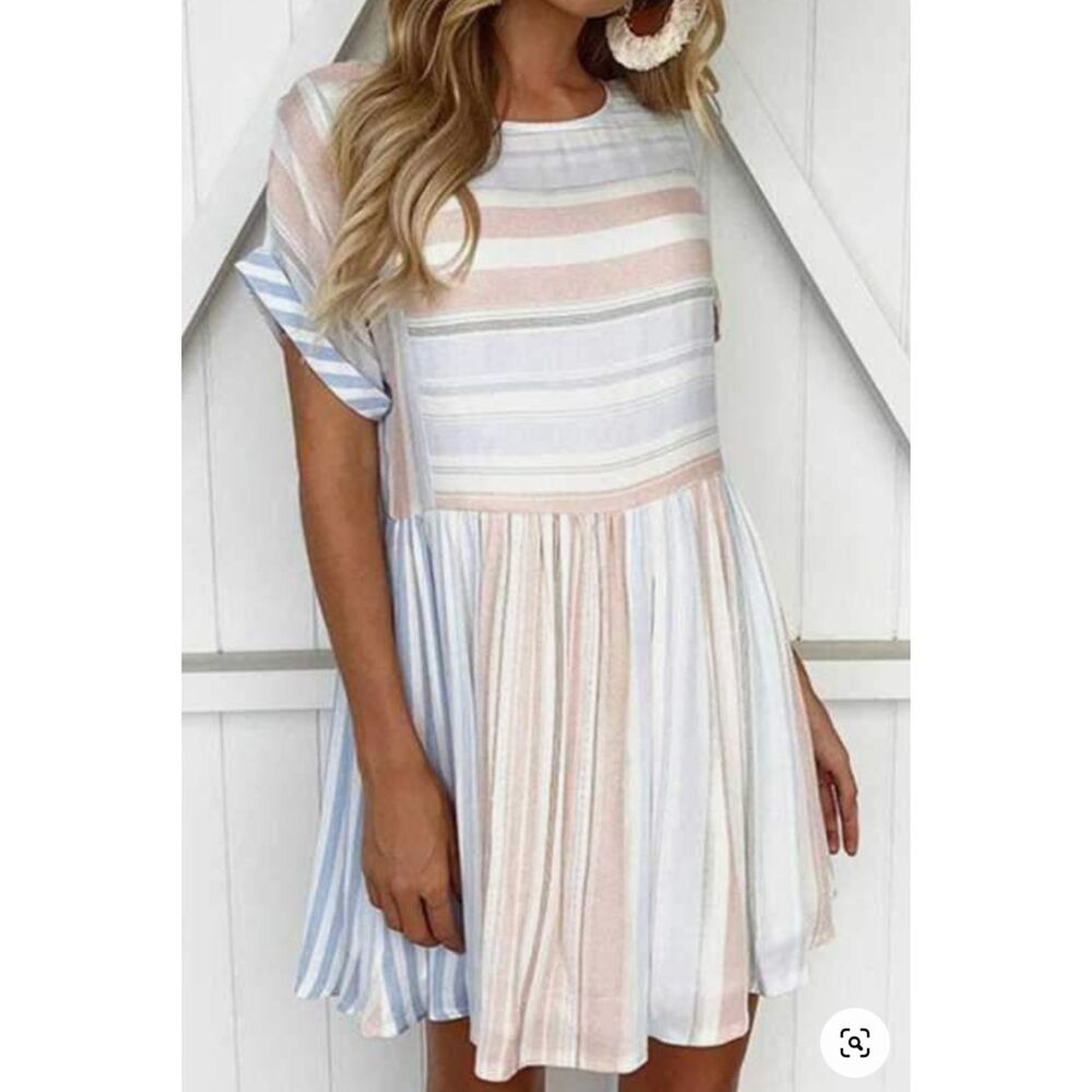 NWOT O Neck Short Sleeve Striped Babydoll Skater Dress Large